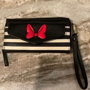 Minnie Mouse Black & White Stripe Wristlet with Red Bow Accent